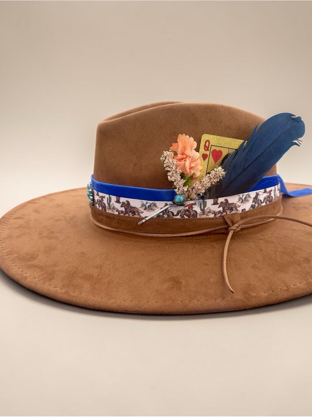Brown Wide-Brim faux suede Fedora Hat with Blue Ribbon and Feather, turquoise